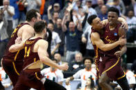 <p>Donte Ingram #0 and Marques Townes #5 of the Loyola Ramblers celebrate after Ingram makes a game-winning three pointer against the Miami Hurricanes in the first round of the 2018 NCAA Men’s Basketball Tournament at American Airlines Center on March 15, 2018 in Dallas, Texas. (Photo by Ronald Martinez/Getty Images) </p>