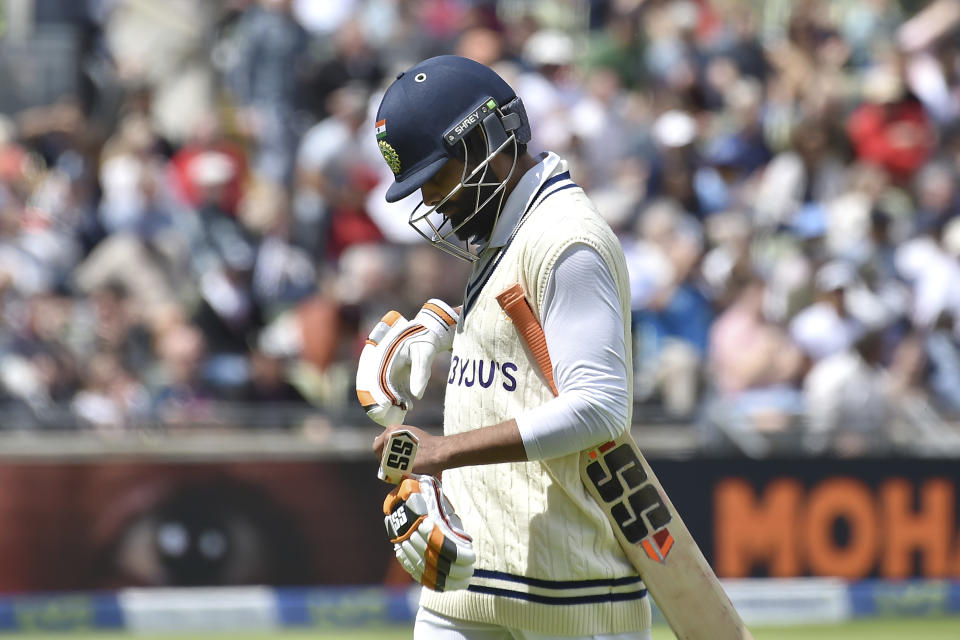 India's Ravindra Jadeja walks off the field after being dismissed by England's captain Ben Stokes during the fourth day of the fifth cricket test match between England and India at Edgbaston in Birmingham, England, Monday, July 4, 2022. (AP Photo/Rui Vieira)