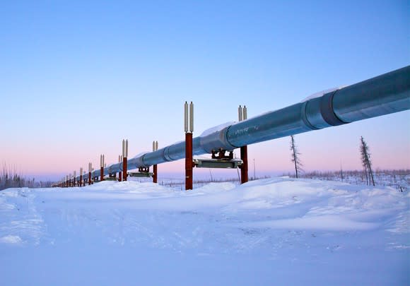 A pipeline dotting across a snowy landscape.