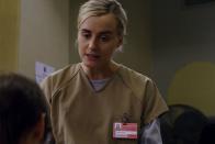 <p><strong>Criminal conspiracy and money laundering</strong></p><p>Alex convinced her to smuggle drug money through customs.</p><p>She is played by Taylor Schilling. </p>