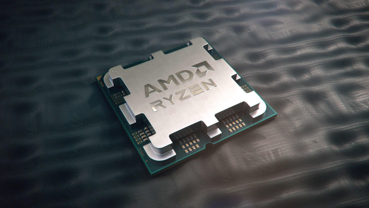  Generic product image of an AMD Ryzen CPU, against a stylised background. 