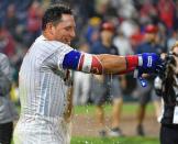 Aug 31, 2018; Philadelphia, PA, USA; Philadelphia Phillies second baseman Asdrubal Cabrera (13) celebrates after hitting a walk off home run against the Chicago Cubs during the tenth inning at Citizens Bank Park. Mandatory Credit: Eric Hartline-USA TODAY Sports
