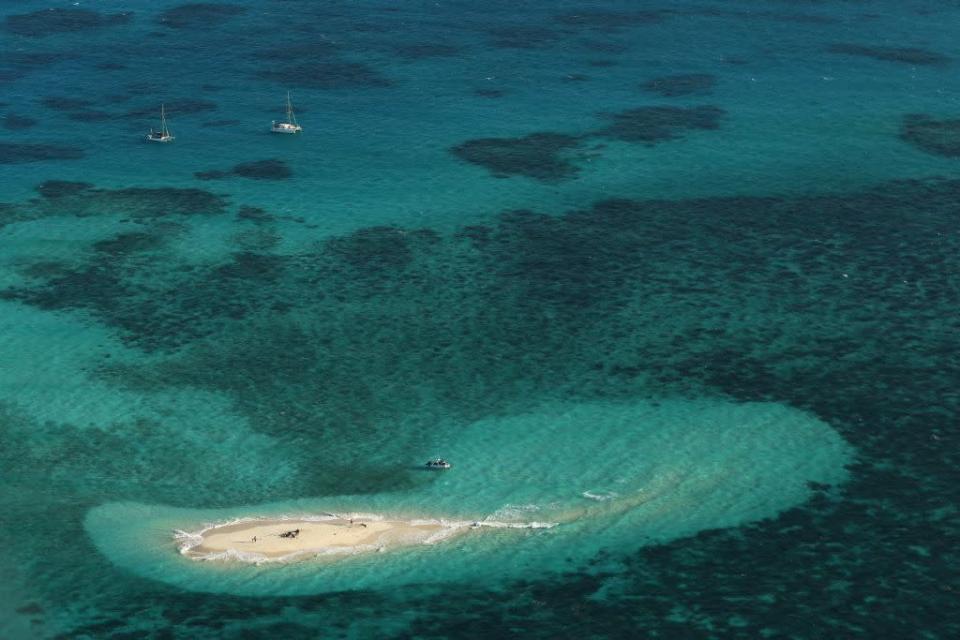 People are seen on Vlassof Cay to view the solar eclipse in Palm Cove, Australia.