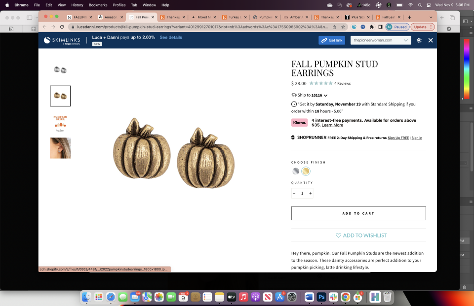 <p><a href="https://lucadanni.com/products/fall-pumpkin-stud-earrings?variant=40129912701017&nbt=nb%3Aadwords%3Ax%3A17550985902%3A%3A&nb_adtype=pla&nb_mi=102213512&nb_pc=online&nb_pi=40129912701017&nb_si=%7Bsourceid%7D&wickedsource=google&wickedid=EAIaIQobChMI-birkquf-wIVCo_ICh31rAIgEAQYByABEgLipPD_BwE&wcid=17550985902&wv=4&gclid=EAIaIQobChMI-birkquf-wIVCo_ICh31rAIgEAQYByABEgLipPD_BwE" rel="nofollow noopener" target="_blank" data-ylk="slk:Shop Now;elm:context_link;itc:0;sec:content-canvas" class="link ">Shop Now</a></p><p>Fall Pumpkin Stud Earrings</p><p>$28.00</p><p>lucadanni.com</p><span class="copyright">Luca and Danni</span>