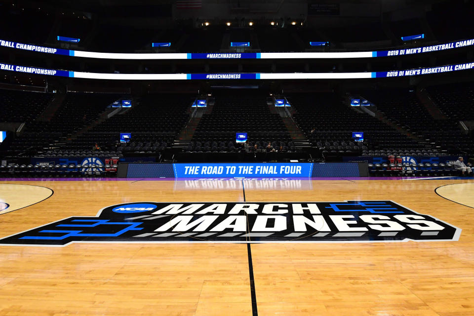 General overall view of the March Madness logo at center court before the first round of the 2019 NCAA tournament at Vivint Smart Home Arena. (Kirby Lee-USA TODAY Sports)