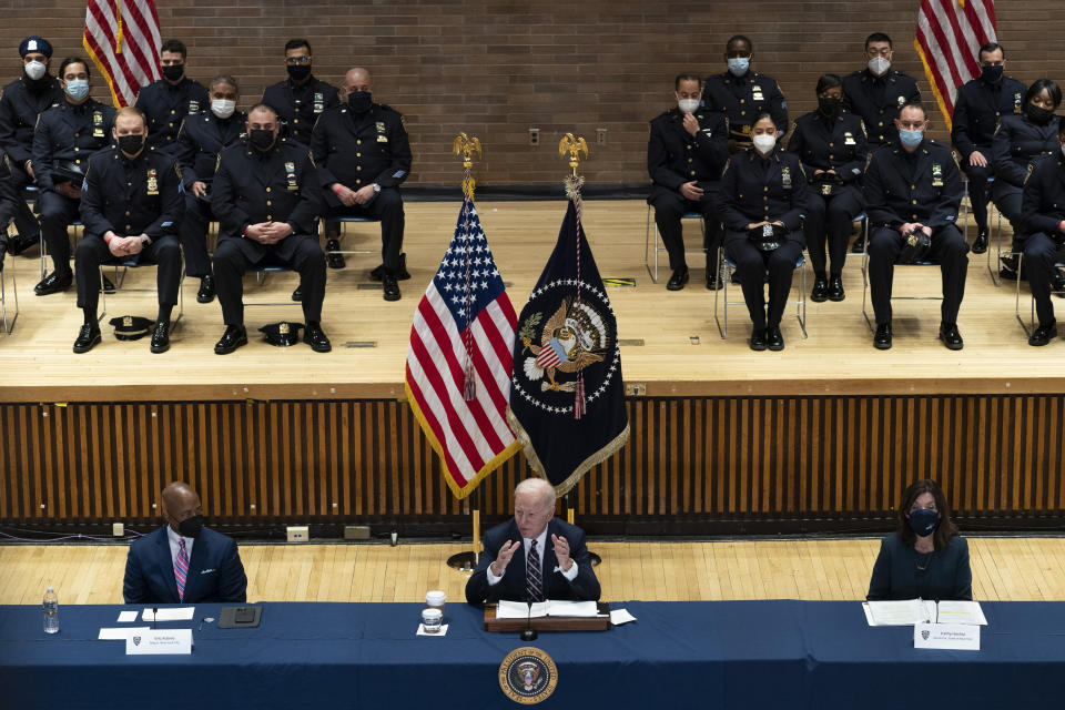 President Joe Biden speaks at an event with New York City Mayor Eric Adams, left, and Gov. Kathy Hochul, D-N.Y., to discuss gun violence strategies, at police headquarters, Thursday, Feb. 3, 2022, in New York. (AP Photo/Alex Brandon)