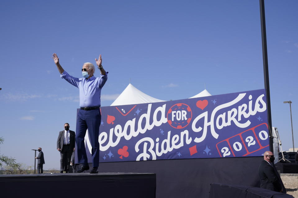 Democratic presidential candidate former Vice President Joe Biden arrives to speak at a Las Vegas Drive-In campaign event at Southeast Career Technical Academy, Friday, Oct. 9, 2020, in Las Vegas. (AP Photo/Carolyn Kaster)