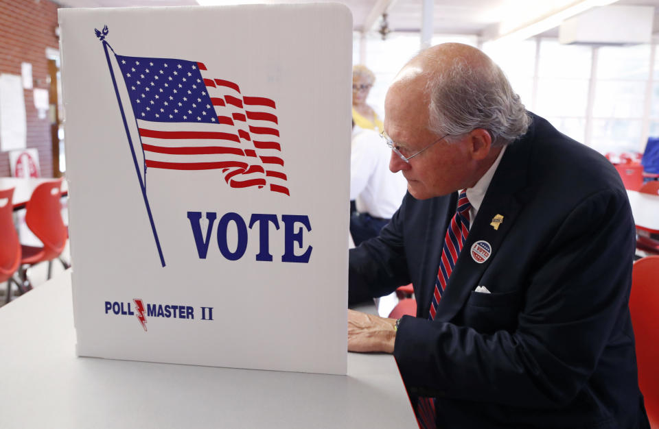 Former Mississippi Supreme Court Chief Justice Bill Waller Jr., a Republican gubernatorial candidate votes in the party primary at a Jackson, Miss., precinct, Tuesday, Aug. 6, 2019. (AP Photo/Rogelio V. Solis)