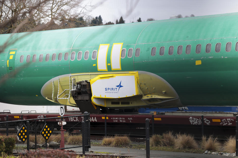 The Spirit AeroSystems logo is pictured on an unpainted 737 fuselage as Boeing's 737 factory teams hold the first day of a 