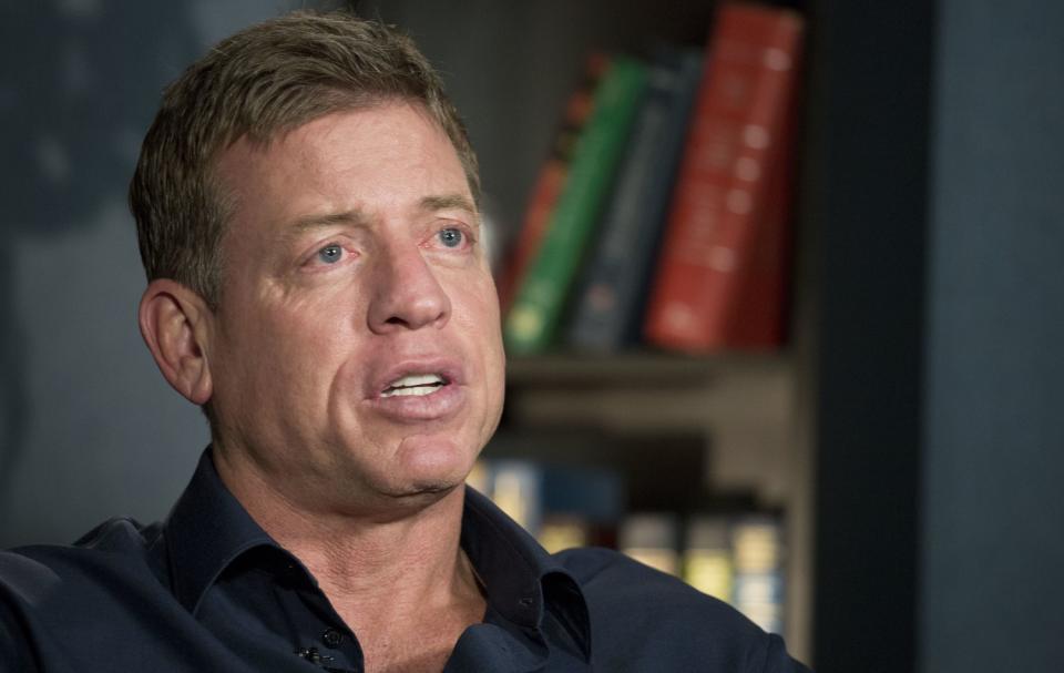 Troy Aikman talks during an 2017 interview in New York.