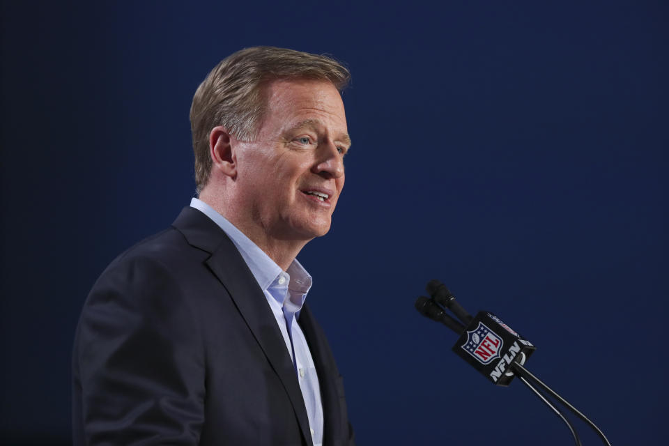 NFL Commissioner Roger Goodell speaks at a press conference ahead of Super Bowl LIV, Wednesday, Jan. 29, 2020 in Miami. (Ben Liebenberg via AP)