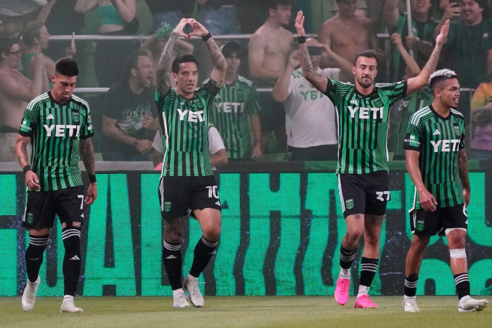 Austin FC forward Sebastian Driussi celebrates after scoring a goal in Wednesday night's 2-1 win over Minnesota United FC at Q2 Stadium. Driussi saw his first action since suffering a groin injury in late April.