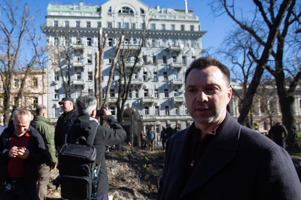 Adviser to Office of President of Ukraine Oleksii Arestovych seen at the site of the explosion of Russian missiles after a Russian missile attack in central Kyiv.