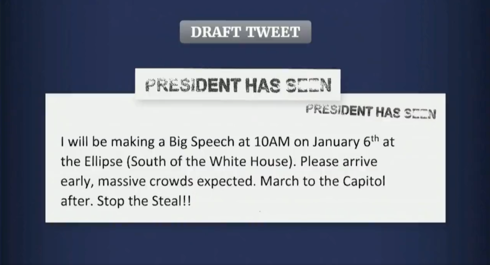 The draft of a tweet obtained by the Jan. 6 committee is shown during Tuesday's hearing. (Yahoo News via House TV)