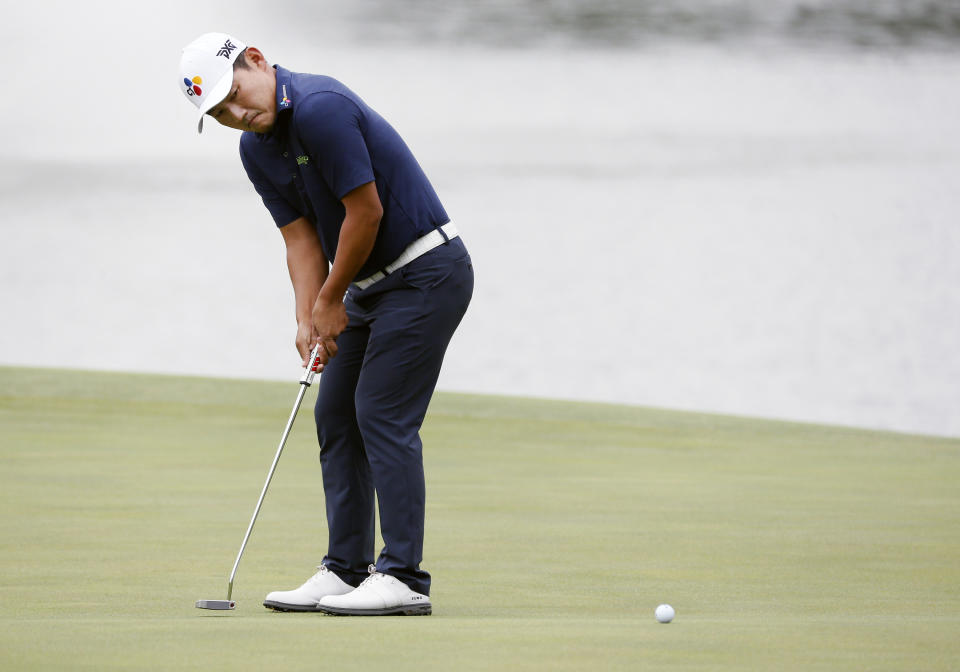 Sung Kang putts on the 15th green during the second round of the AT&T Byron Nelson golf tournament in McKinney, Texas, Friday, May 14, 2021. (AP Photo/Ray Carlin)