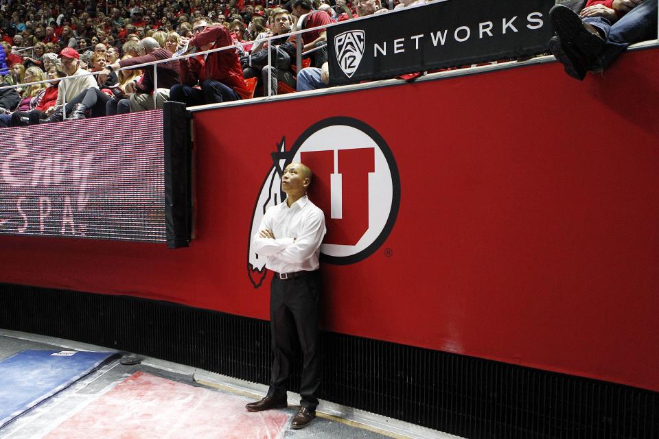 Utah Red Rocks then co-head coach Tom Farden watches the area screen during a meet against BYU at the Jon M. Huntsman Center in Salt Lake City on Jan. 8, 2016. | Chris Samuels, Deseret News