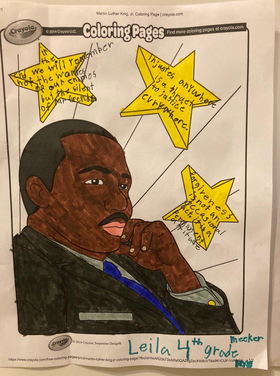 A coloring page of Martin Luther King Jr. colored by Leila, a fourth-grader at Meeker Elementary School