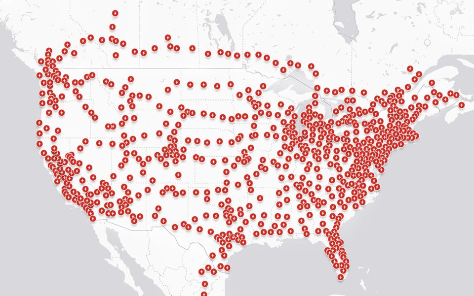 Tesla Supercharger station locations in the U.S. (Map: Tesla)