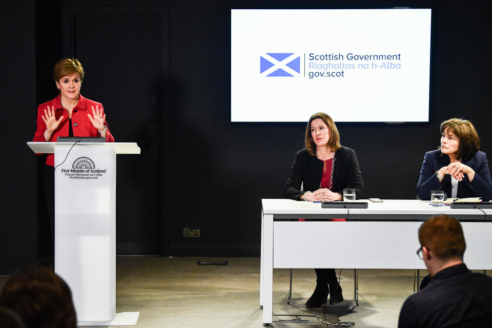 EDINBURGH, SCOTLAND - MARCH 02: The First Minister Nicola Sturgeon, Chief Medical Officer Dr Catherine Calderwood and Health Secretary Jeane Freeman, hold a Coronavirus briefing at St Andrews House on March 2, 2020 in Edinburgh,Scotland. The briefing followed the First Minister taking part in the UK Government's COBRA meeting, along with the first case of coronavirus being confirmed in Scotland after a patient was diagnosed having recently travelled from Italy. (Photo by Jeff J Mitchell/Getty Images)