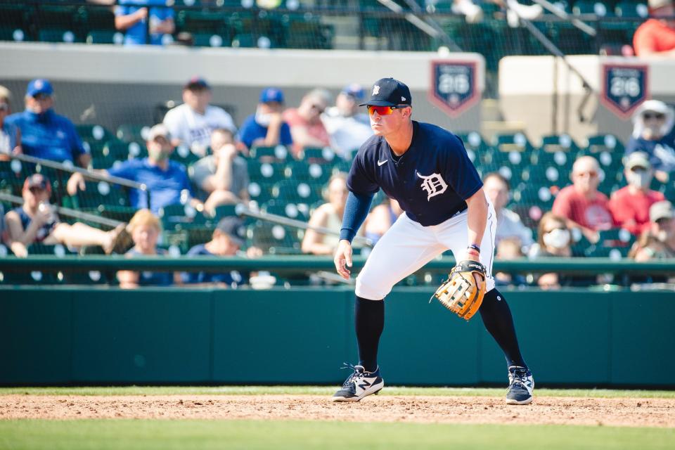 Detroit Tigers' Spencer Torkelson plays third base during a spring training game against the New York Yankees at Joker Marchant Stadium in Lakeland, Fla. on March 12, 2021.