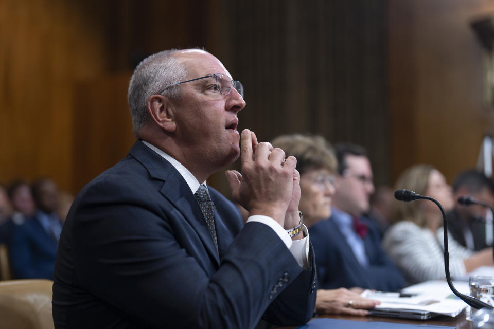 Louisiana Governor John Bel Edwards testifies as the Senate Budget holds a hearing to examine the fiscal consequences of climate change on infrastructure, at the Capitol in Washington, Wednesday, July 26, 2023. (AP Photo/J. Scott Applewhite)