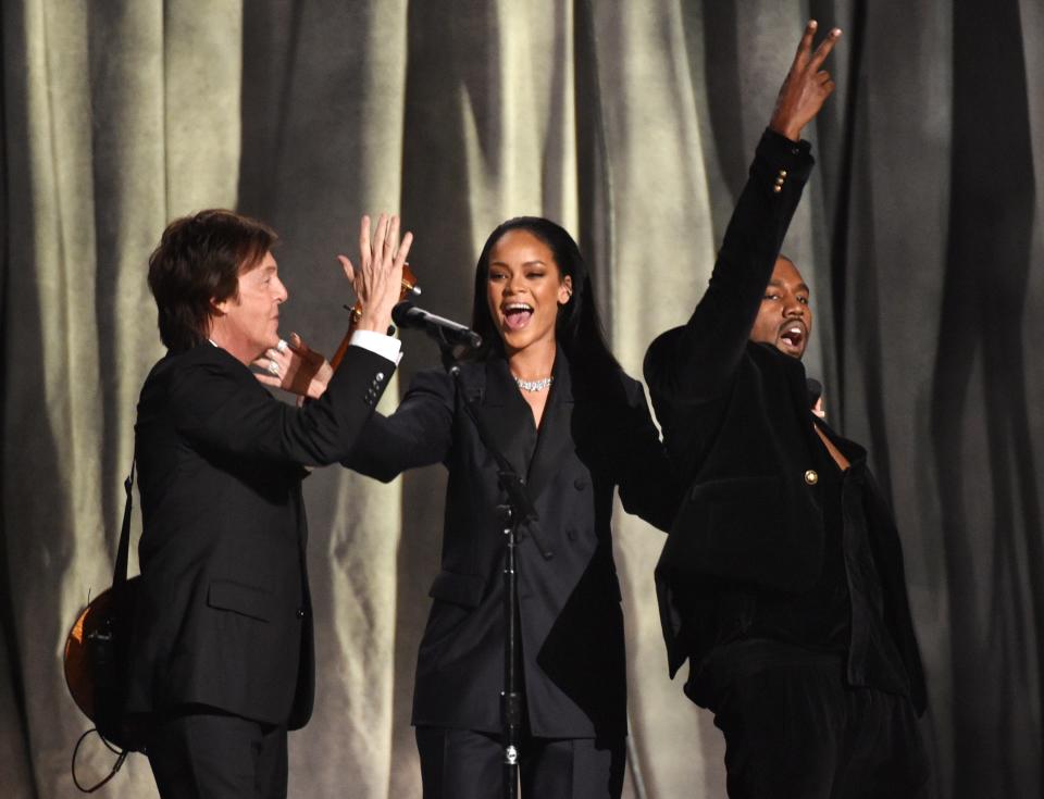 Paul McCartney (from left), Rihanna and Kanye West perform at the 2015 Grammy Awards in Los Angeles.