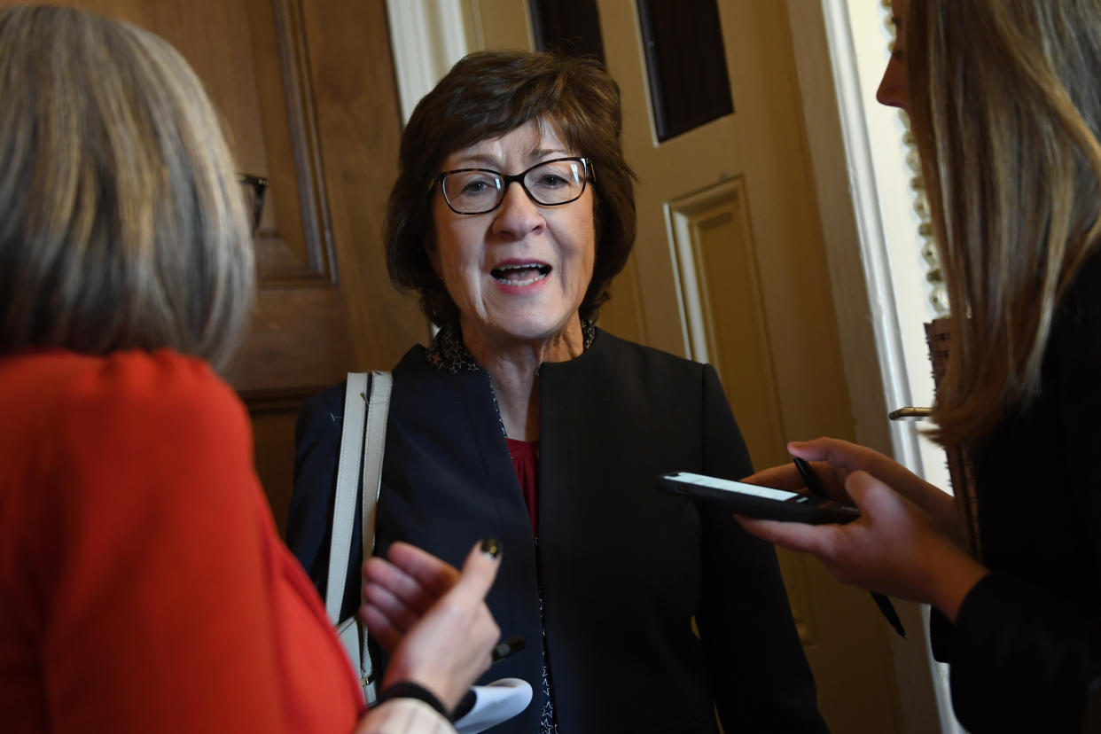 Sen. Susan Collins, R-Maine, talks to reporters on Capitol Hill