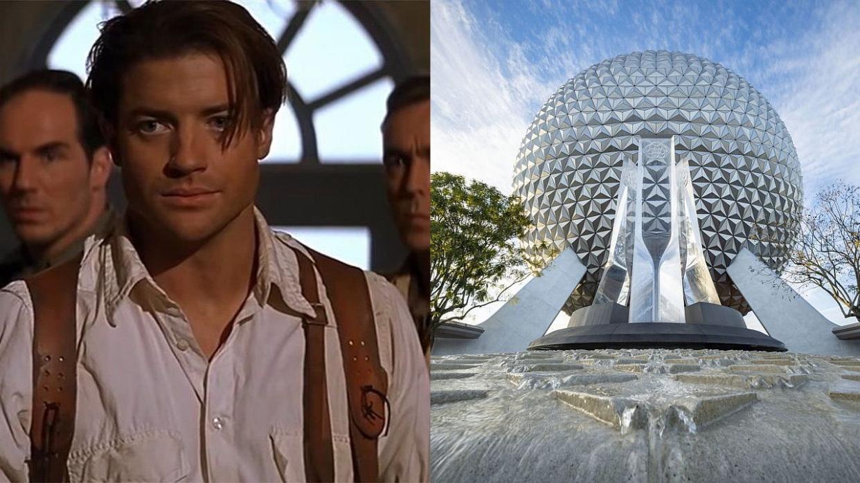  Brendan Fraser in The Mummy/Epcot sphere and fountain. 