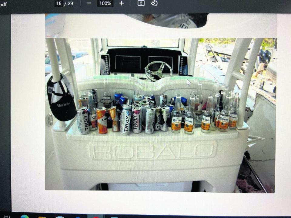 More than 60 empty bottles and cans of alcohol were found in George Pino’s 29-foot Robalo the day after he crashed his boat into a concrete channel marker in Biscayne Bay on Sept. 4, 2022. A 17-year-old student from Our Lady of Lourdes Academy, Lucy Fernandez, died and another classmate of hers was severely injured.