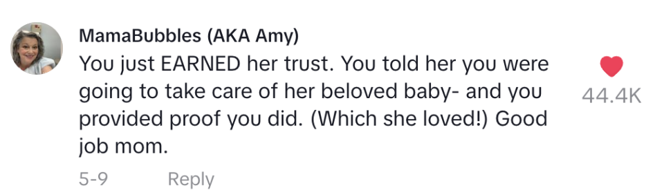 Amy, known as MamaBubbles, praises a mom for earning trust by taking care of a baby and providing proof, with 44.4K likes on her comment