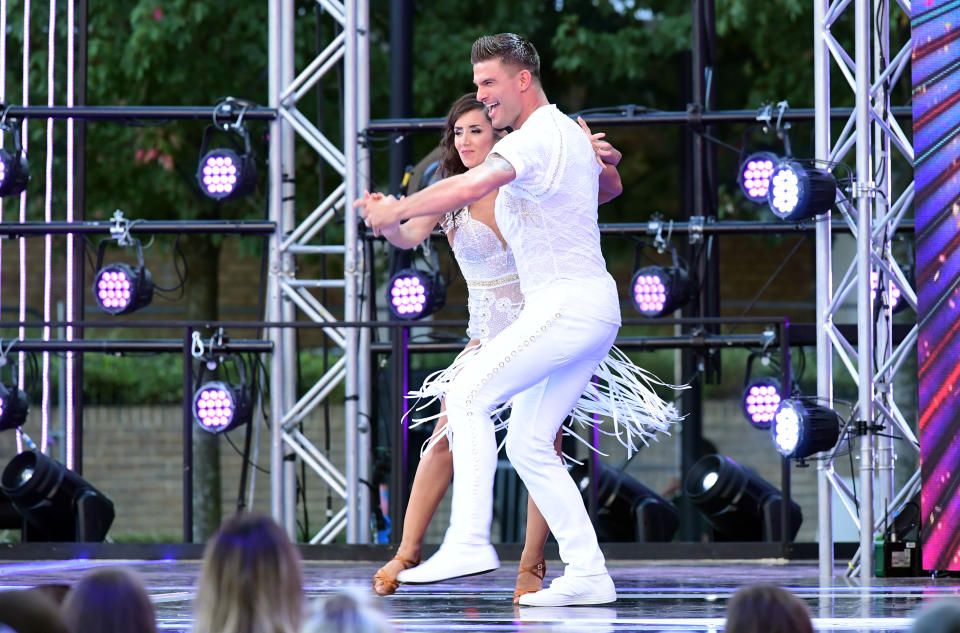 Janette Manrara (left) and Aljaz Skorjanec arriving at the red carpet launch of Strictly Come Dancing 2019, held at BBC TV Centre in London, UK. (Photo by Ian West/PA Images via Getty Images)