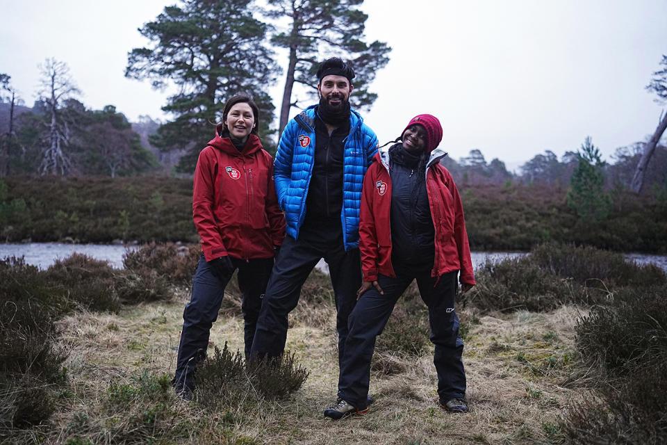 Emma Willis, Rylan Clark and Oti Mabuse are trying to reach the top of Cairngorm mountain. (PA)