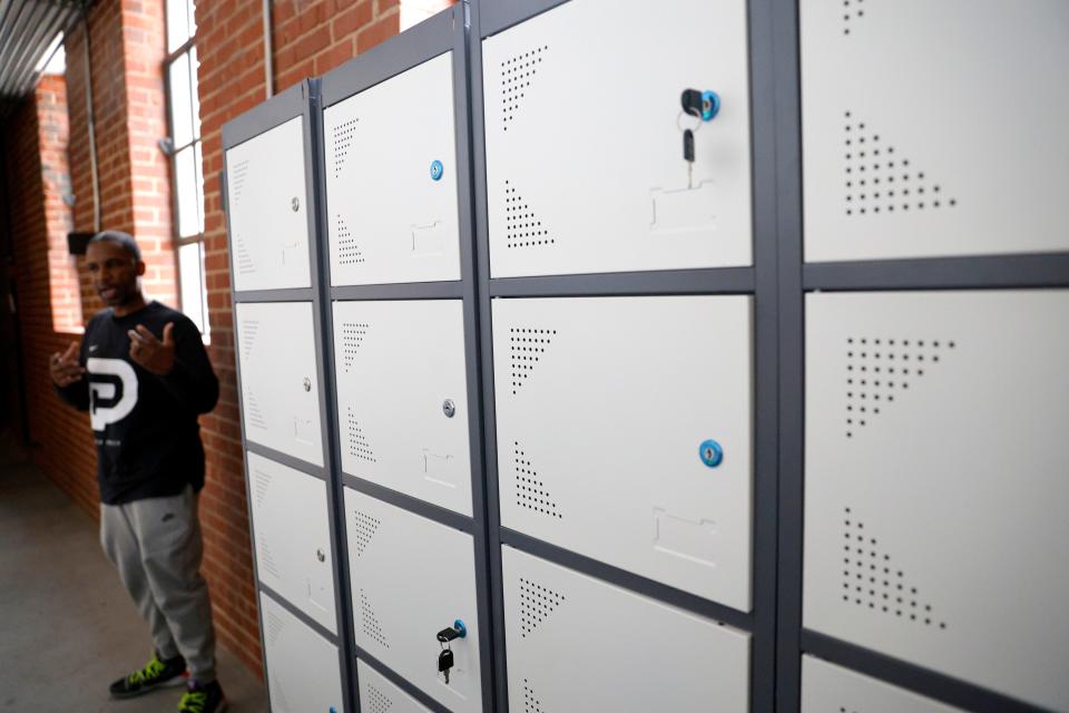 Lockers inside Grind Prep Academy is seen in Oklahoma City, Friday, Feb. 9, 2024.