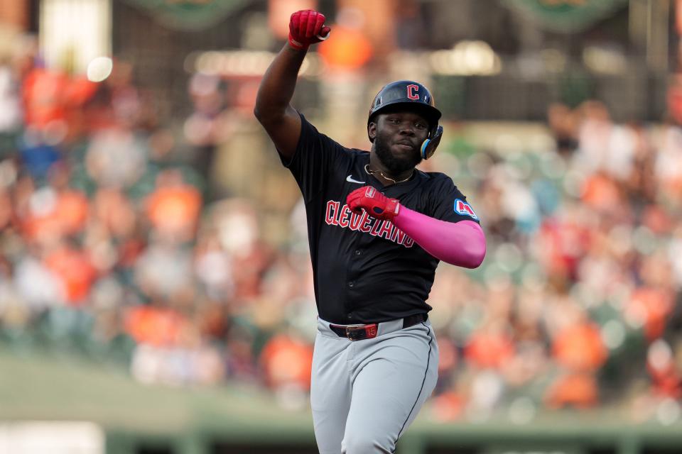 Jun 26, 2024; Baltimore, Maryland, USA; Cleveland Guardians outfield Jhonkensy Noel (43) celebrates after hitting a home run during the second inning against the Baltimore Orioles at Oriole Park at Camden Yards. Mandatory Credit: Reggie Hildred-USA TODAY Sports