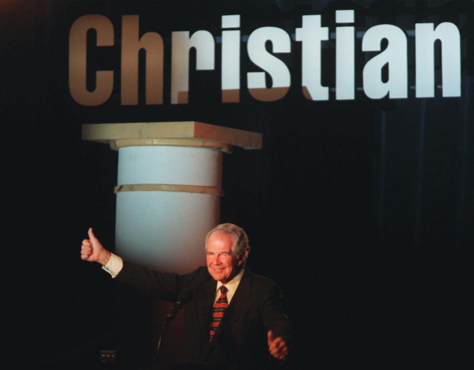 The Rev. Pat Robertson addresses the Christian Coalition "Road to Victory '98" conference Friday, Sept. 18, 1998, in Washington. Robertson demanded that Congress impeach President Clinton, saying resignation is too good for a "debauched, debased and defamed" leader.