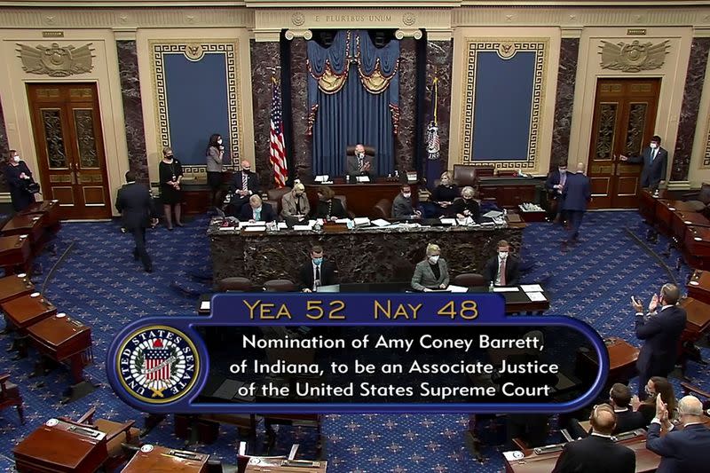 The tally is shown as the U.S. Senate votes on the confirmation of President Donald Trump's nominee Judge Amy Coney Barrett to the U.S. Supreme Court