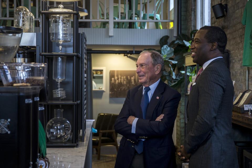 Democratic presidential candidate, former New York City mayor Michael Bloomberg visits Ironclad Coffee Roasters with Richmond Mayor Lavar Stoney on January 7, 2020 in Richmond, Virginia.