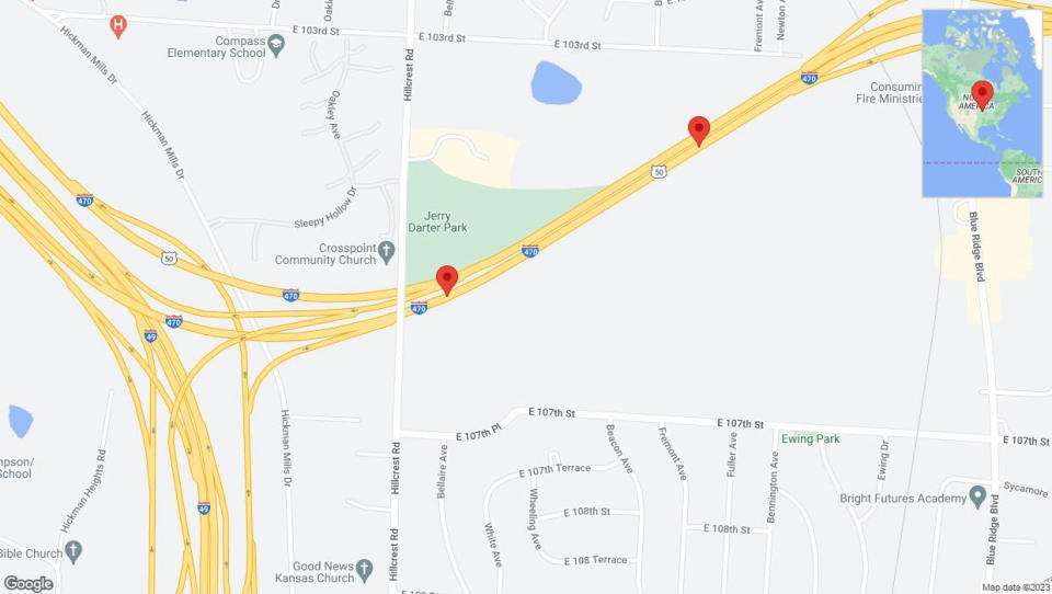 A detailed map that shows the affected road due to 'A crash has been reported on eastbound I-470' on December 27th at 4:59 p.m.