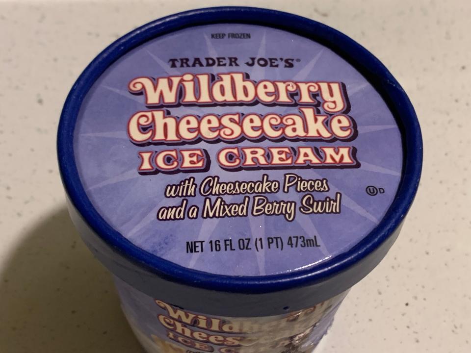 Purple carton of trader joe's wildberry cheesecake ice cream