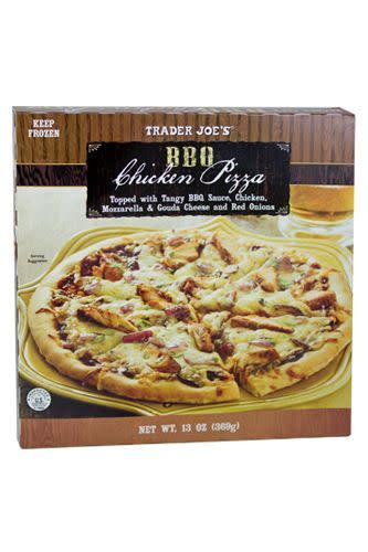 BBQ Chicken Pizza All of Trader Joe’s frozen pizzas are good, but there’s something about BBQ sauce, red onions, and gouda over a doughy crust.