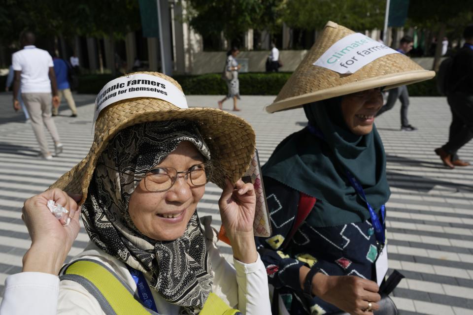 Demonstrators for climate for farmers walk through the COP28 U.N. Climate Summit, Saturday, Dec. 9, 2023, in Dubai, United Arab Emirates. (AP Photo/Peter Dejong)