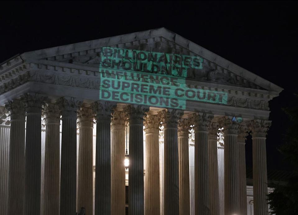 Government watchdog Accountable.US launches a campaign to call for recusals from allegedly conflicted Supreme Court Justices Samuel Alito and Clarence Thomas on the first day of The Supreme Court's 2023-2024 term on October 02, 2023 in Washington, DC. (Getty Images for Accountable.US)