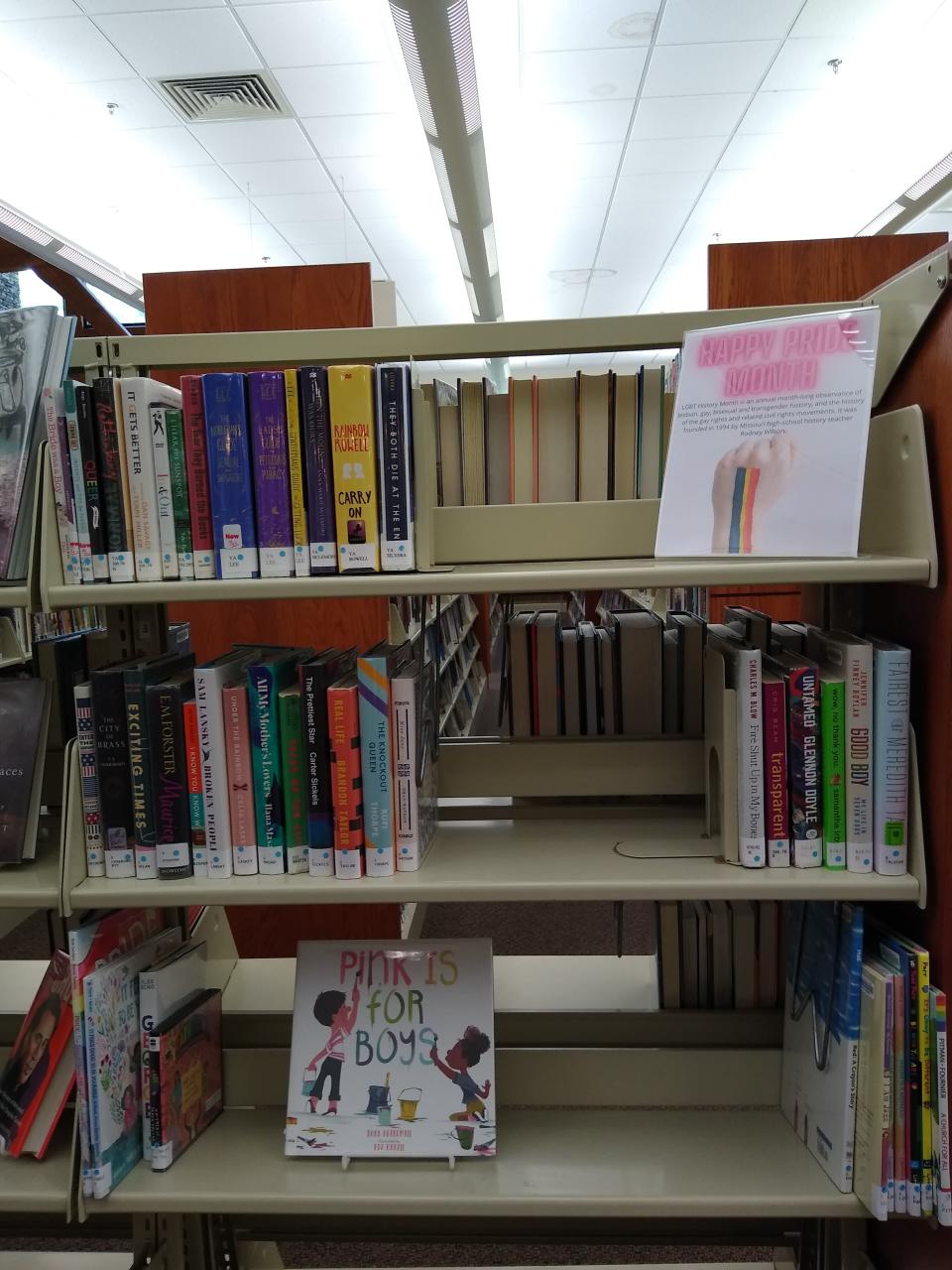 A display for Pride Month featuring LGBTQ books and materials at Macon County Library in June.