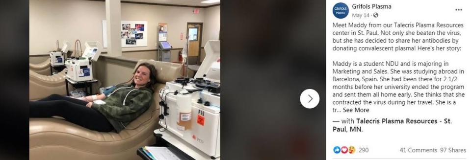 A social media post by Grifols, on the two biggest plasma collection companies in the world, shows a recovered COVID-19 patient donating plasma using a Haemonetics PCS2 machine.