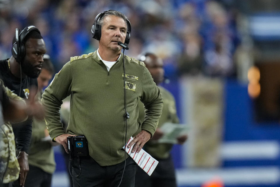 Jacksonville Jaguars head coach Urban Meyer on the sideline in the first half of an NFL football game against the Indianapolis Colts in Indianapolis, Sunday, Nov. 14, 2021. (AP Photo/AJ Mast)