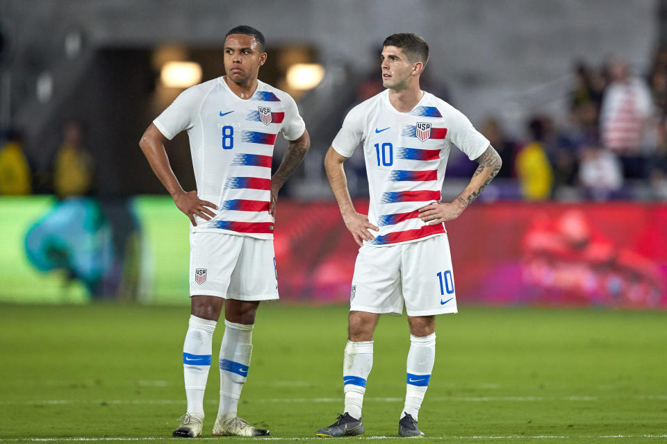 ORLANDO, FL - MARCH 21: United States midfielder Weston McKennie (8) chats with United States midfielder Christian Pulisic (10) in game action during an International friendly match between the United States and Ecuador on March 21, 2019 at Orlando City Stadium in Orlando, FL. (Photo by Robin Alam/Icon Sportswire via Getty Images)