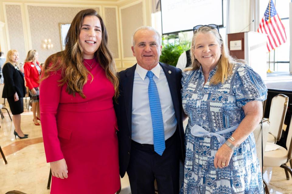 Palm Beach Police & Fire Foundation Executive Director Rebecca Torres, Airlines for America CEO Nick Calio, and Palm Beach Mayor Danielle Moore, attend Monday's Palm Beach Chamber of Commerce breakfast meeting at The Breakers.