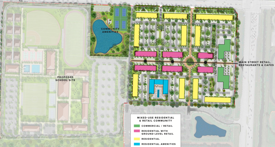 The Related Group submitted plans to develop half of Wellington's K-Park into a mixed-use community with apartments, townhouse and a "Main Street" with shops, restaurants and retail spaces. The other half of the property would be occupied by a private K-12 school.