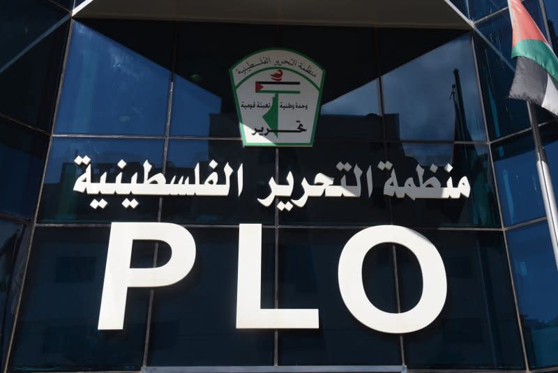 The PLO, Palestinian Liberation Organization, sign is seen on the front of their headquarters in Ramallah, West Bank, in 2018. File Photo by Debbie Hill/UPI