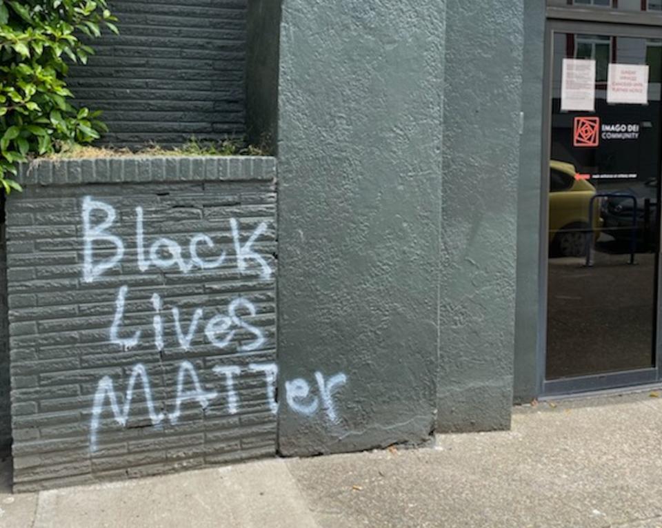 The tagging happened in June, early on in the protests. As Portland has become a hotbed of clashes between federal forces and protesters, associate pastor Michelle Jones said the mural "reminds those who see it that with so many things happening at the same time, justice matters." (Photo: Courtesy of Michelle Jones)